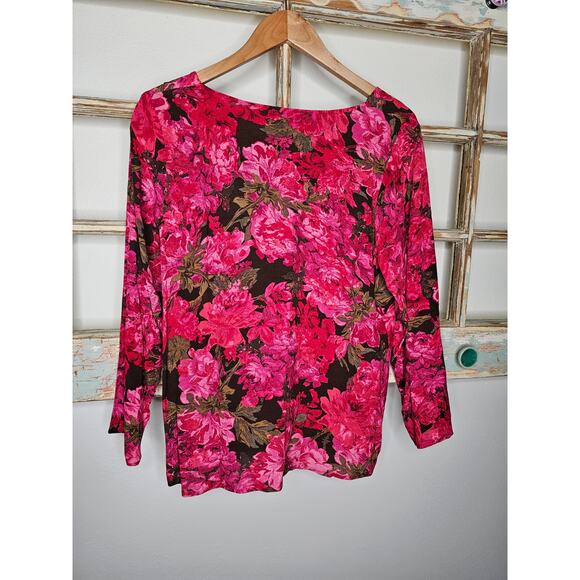 NWT J.Jill Red Floral Festive 3/4 Sleeve V-neckline Blouse Size MP - Picture 7 of 8